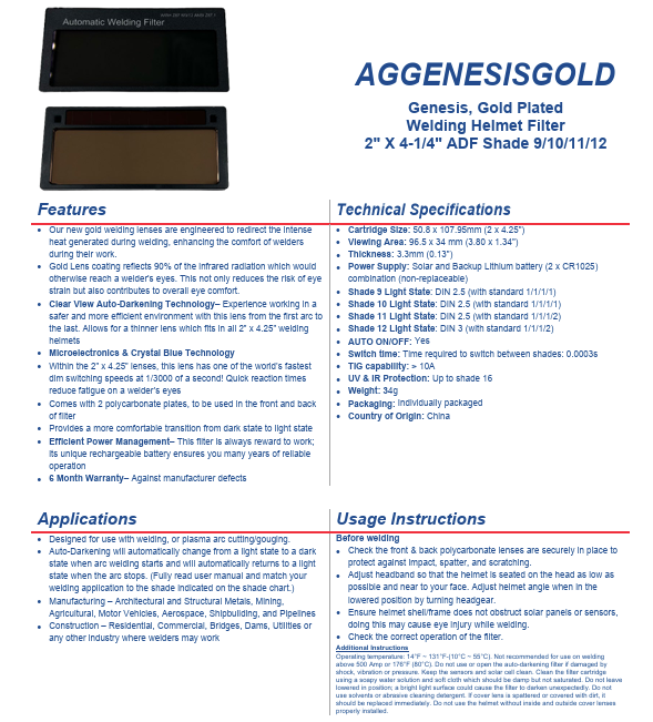 Welding Helmet Darkening Lens - Armour Guard Genesis Gold Plated 2" x 4-1/4" Welding Filter - ADF Shades 9, 10, 11 or 12 - welding electrodes, Grinding Disc, Welding Lens, Cutting Tip, Cutting Wheels, Flap Disc, Heating Tip, Welding Gloves, MIG Gun - Welding Helmet, Welding Wire - USA Welding Supply