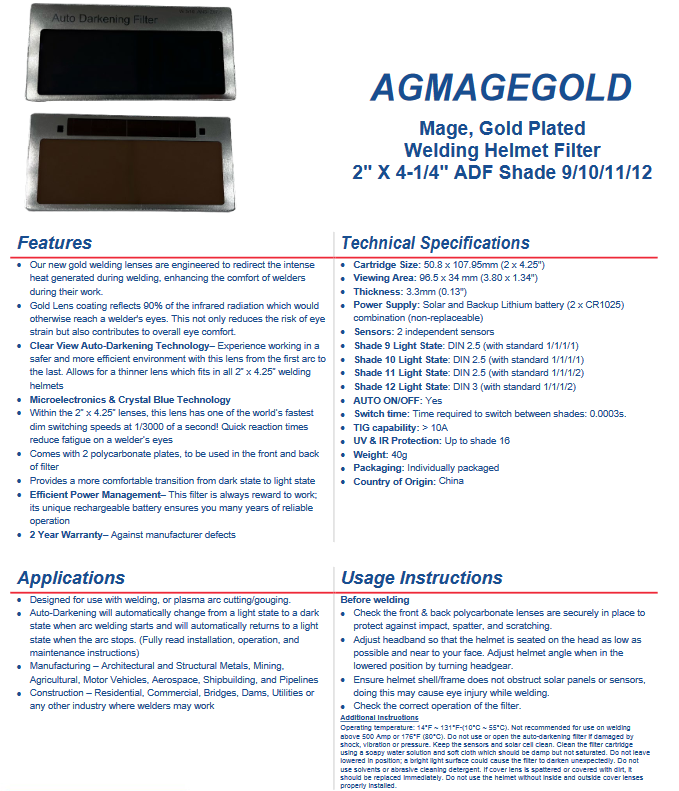 Welding Helmet Darkening Lens - Armour Guard Mage Gold Plated Stainless Steel - 2" x 4-1/4" Welding Filter - ADF Shades 9, 10, 11 or 12 - welding electrodes, Grinding Disc, Welding Lens, Cutting Tip, Cutting Wheels, Flap Disc, Heating Tip, Welding Gloves, MIG Gun - Welding Helmet, Welding Wire - USA Welding Supply
