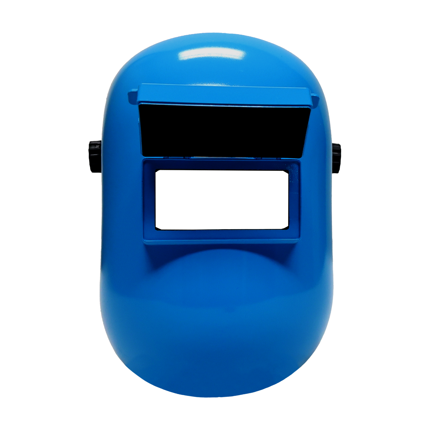 Blue welding helmet with flip-up visor and fiberglass sugar scoop design, 2 x 4.25-inch viewing window, lightweight and impact resistant shell