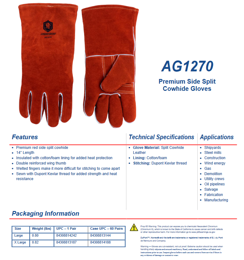 Leather Welding Gloves Premium Red Side Split Cowhide 14” Stick Welders Glove - AG1270 - welding electrodes, Grinding Disc, Welding Lens, Cutting Tip, Cutting Wheels, Flap Disc, Heating Tip, Welding Gloves, MIG Gun - Welding Helmet, Welding Wire - USA Welding Supply