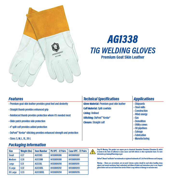 Leather Welding Gloves Cowhide / Goatskin with Kevlar Stitching - TIG - Armour Guard AG-1338 - welding electrodes, Grinding Disc, Welding Lens, Cutting Tip, Cutting Wheels, Flap Disc, Heating Tip, Welding Gloves, MIG Gun - Welding Helmet, Welding Wire - USA Welding Supply