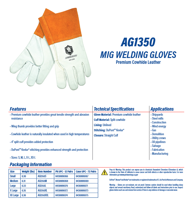 Premium top grain cowhide leather welding gloves with wing thumb and Kevlar stitching in 12 pair pack