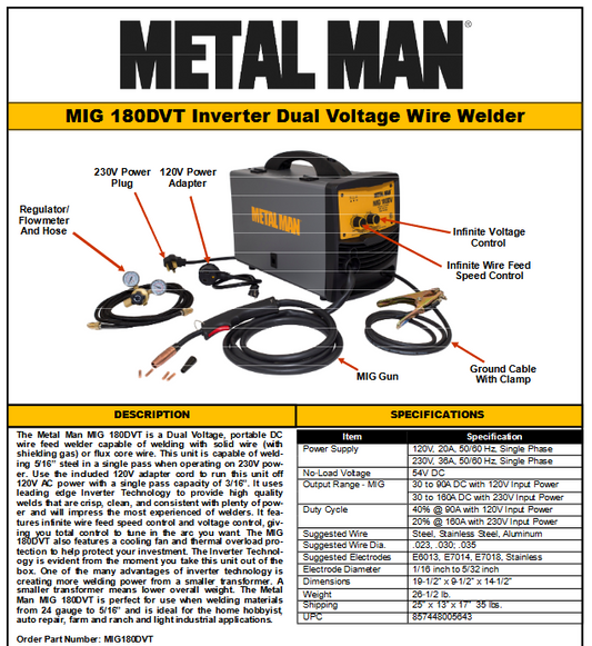 Welding Machine - METAL MAN 180A Inverter Dual Voltage MIG Welder