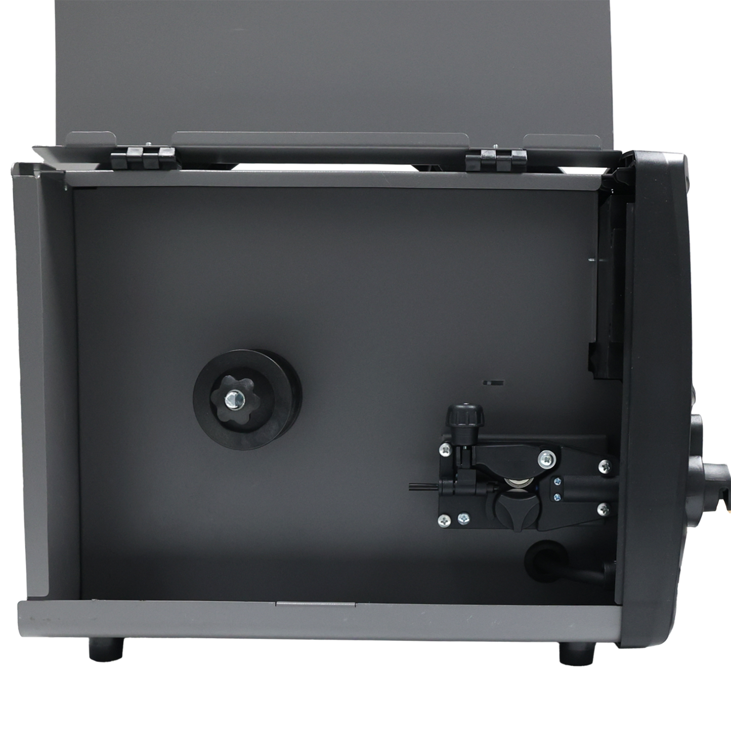 empty open 120V MIG and DC TIG welder machine casing with mounting components visible