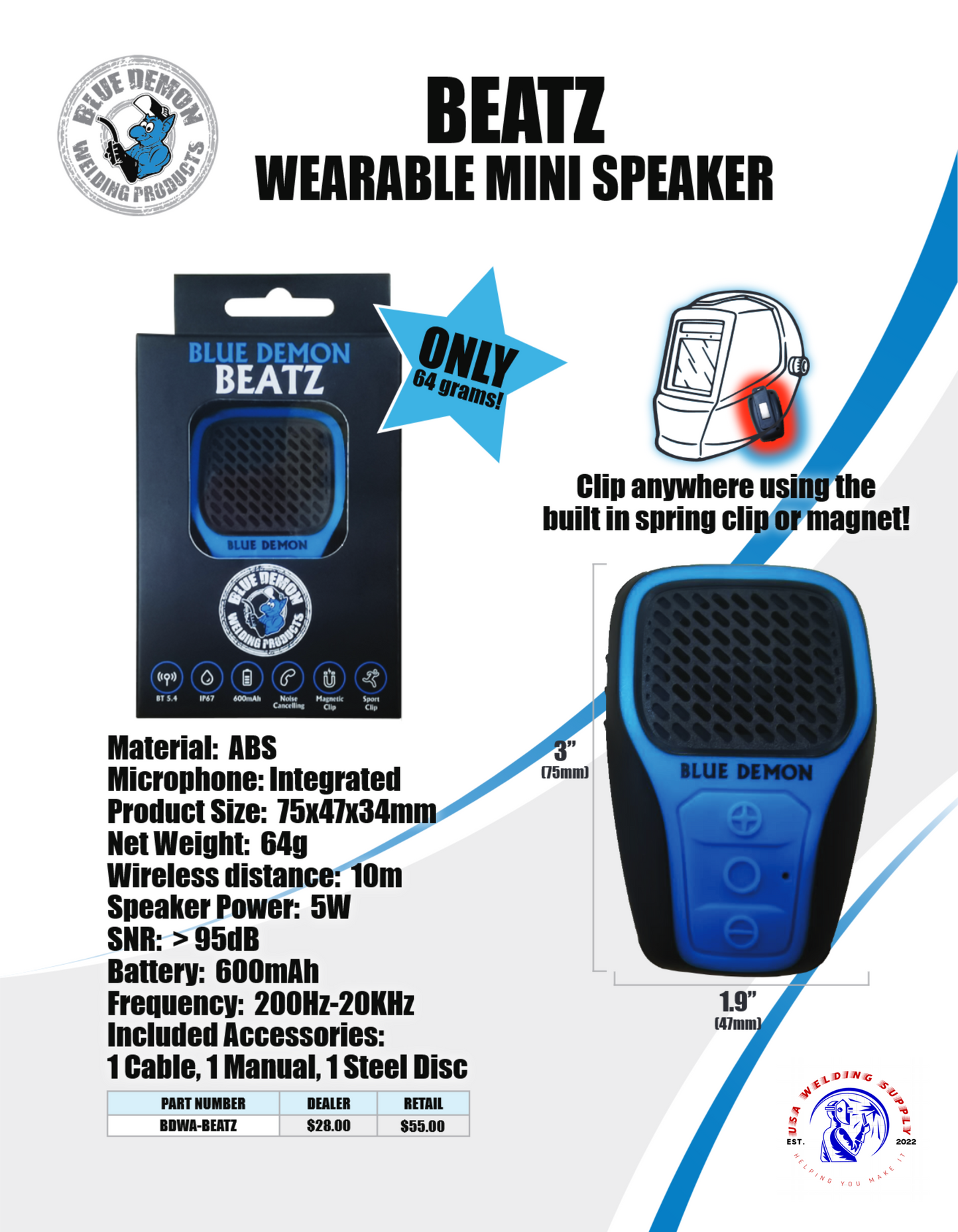 Wearable Speaker - Beatz Wearable Mini Speaker - BDWA-BEATZ - welding electrodes, Grinding Disc, Welding Lens, Cutting Tip, Cutting Wheels, Flap Disc, Heating Tip, Welding Gloves, MIG Gun - Welding Helmet, Welding Wire - USA Welding Supply