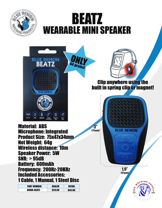 Wearable Speaker - Beatz Wearable Mini Speaker - BDWA-BEATZ - welding electrodes, Grinding Disc, Welding Lens, Cutting Tip, Cutting Wheels, Flap Disc, Heating Tip, Welding Gloves, MIG Gun - Welding Helmet, Welding Wire - USA Welding Supply