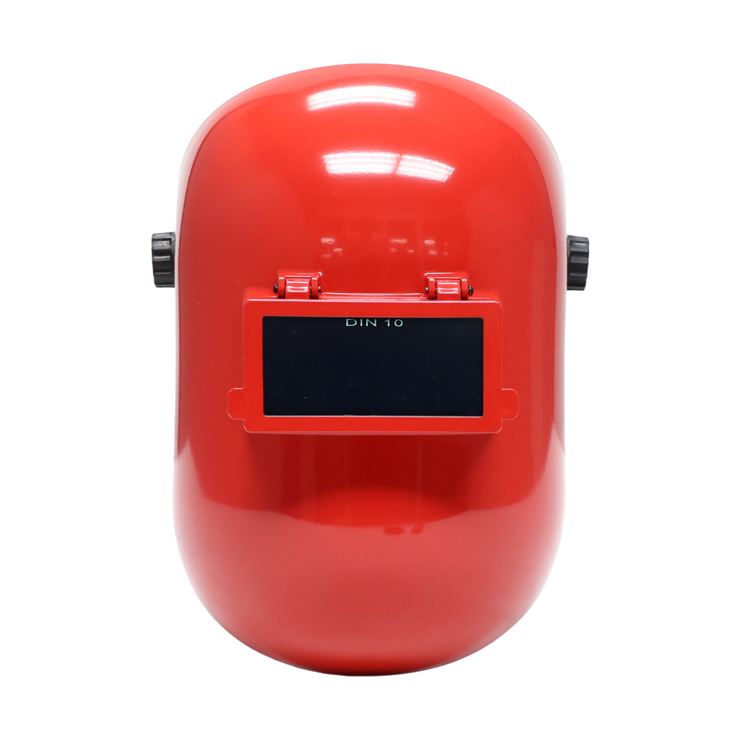 Red fiberglass welding helmet with flip-up visor and fixed shade 10 filter, ergonomic design for comfort and tight spaces