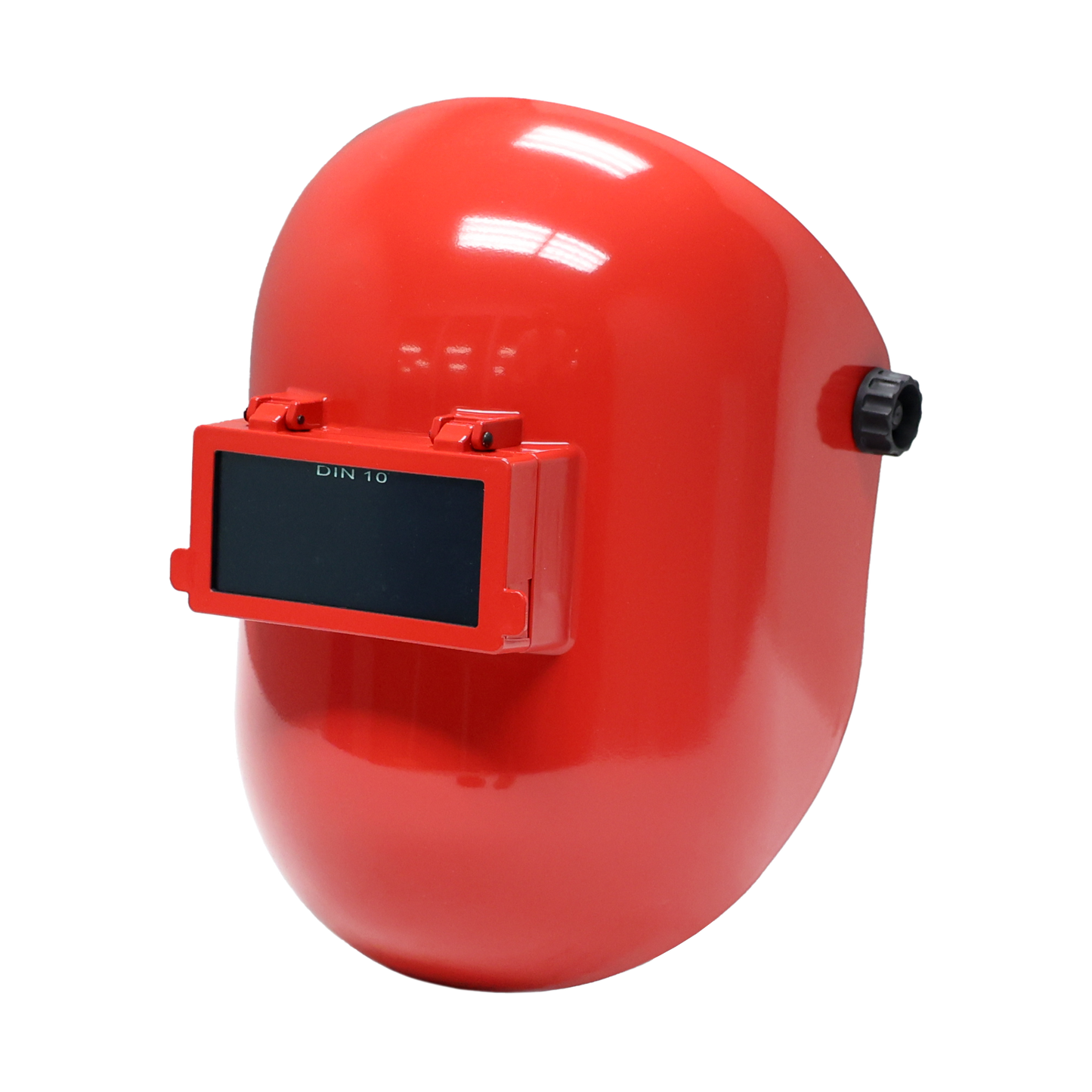 Red fiberglass welding helmet with flip-up visor and fixed shade 10 filter lens