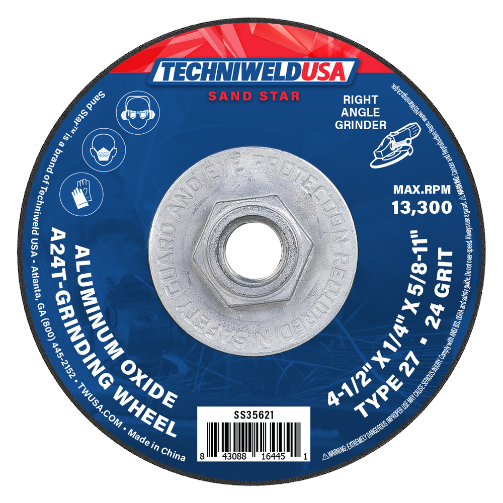 4.5-inch aluminum oxide grinding wheel with threaded hub for right angle grinder, type 27, coarse 24 grit, premium steel and iron grinding.