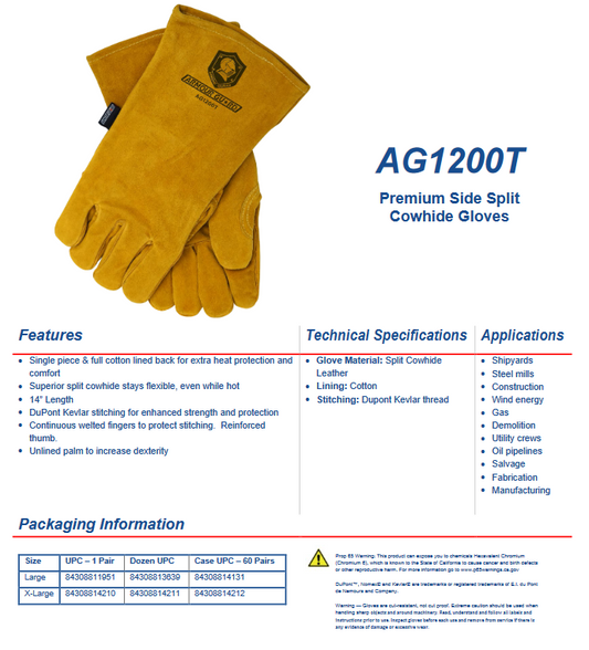 Stick welding glove AG1200T made of premium side split cowhide with cotton lining, Kevlar stitching, 14-inch length, and reinforced thumb for heat protection and dexterity.