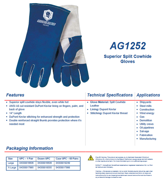 Blue top grain split cowhide stick welding gloves with ANSI A6 cut-resistant DuPont Kevlar lining and double reinforced thumb protection