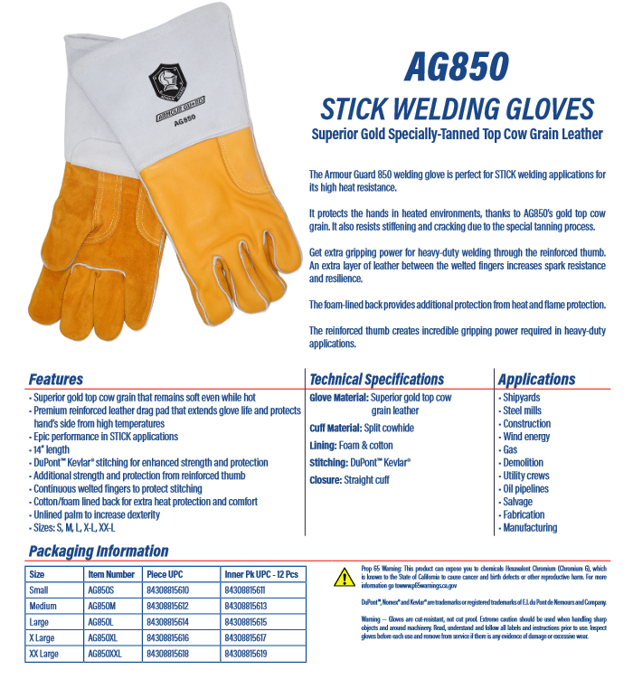 STICK Welding Gloves Top-grain Cowhide Leather with DuPont Kevlar Stitching - STICK WELDING - Armour Guard AG-850 - welding electrodes, Grinding Disc, Welding Lens, Cutting Tip, Cutting Wheels, Flap Disc, Heating Tip, Welding Gloves, MIG Gun - Welding Helmet, Welding Wire - USA Welding Supply