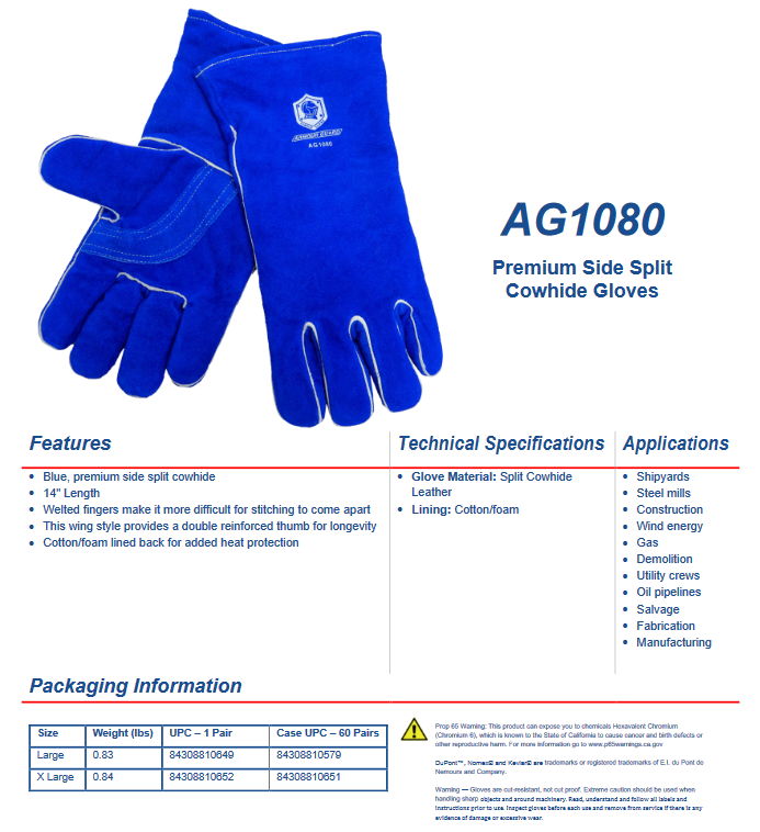 Blue 14-inch side split cowhide stick welding gloves with cotton lining and Kevlar stitching for heat protection and durability
