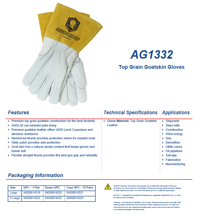 TIG welding gloves made of premium top grain goatskin leather with Kevlar stitching, providing cut, puncture, and abrasion resistance, reinforced thumb, and flexible grip for protection and dexterity.