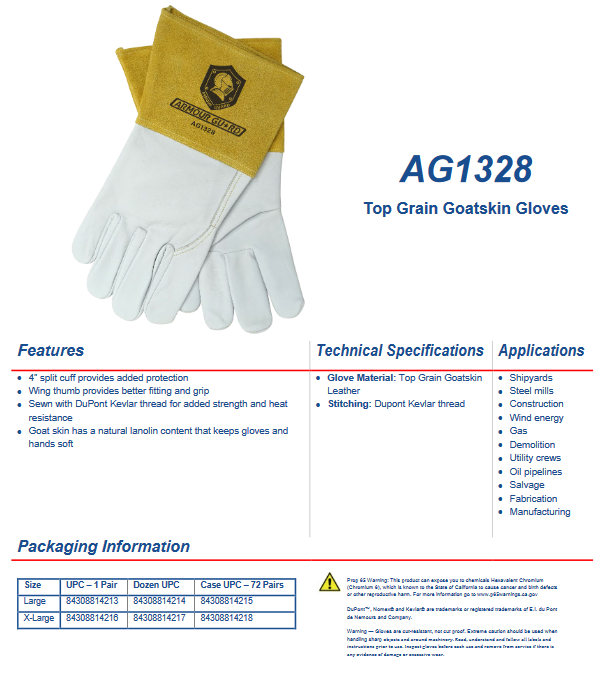 TIG welding gloves made of top grain goatskin leather with Kevlar stitching, 4" split cuff, wing thumb design for grip and heat resistance.