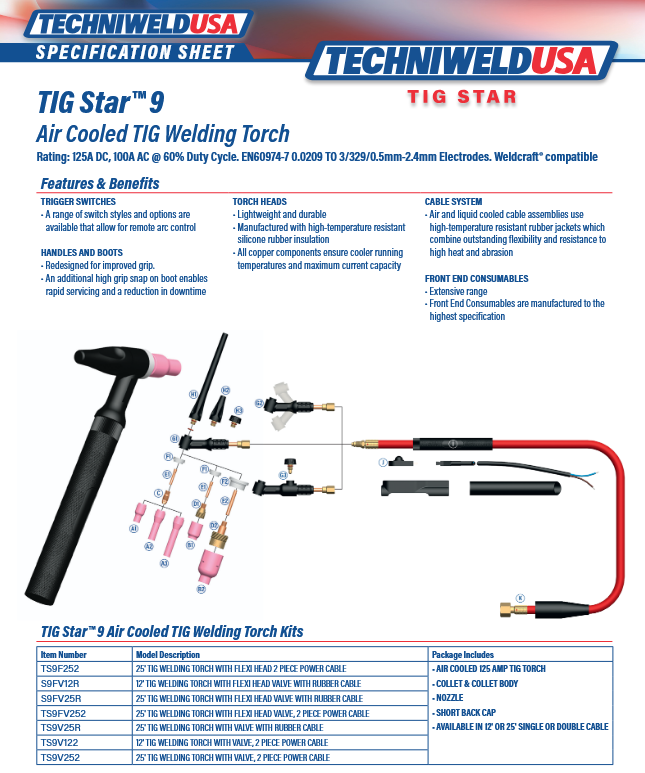Techniweld USA TIG Star 9 welding torch specification sheet with product details and features.