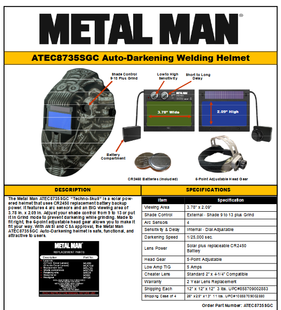 Gray Welding Helmet - Metal Man 8735SGC Series Auto Darkening Welding Helmet - welding electrodes, Grinding Disc, Welding Lens, Cutting Tip, Cutting Wheels, Flap Disc, Heating Tip, Welding Gloves, MIG Gun - Welding Helmet, Welding Wire - USA Welding Supply