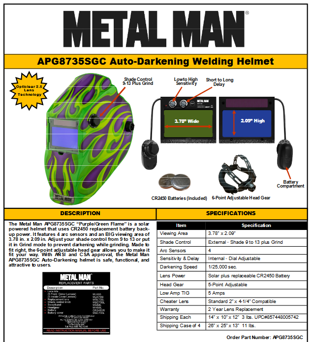 WELDING HELMET - METAL MAN AD 9-13 Var SDRG Black Helmet - AB8735SGC - welding electrodes, Grinding Disc, Welding Lens, Cutting Tip, Cutting Wheels, Flap Disc, Heating Tip, Welding Gloves, MIG Gun - Welding Helmet, Welding Wire - USA Welding Supply