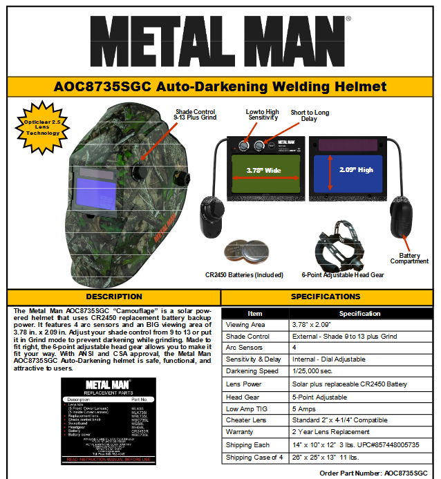 WELDING HELMET - METAL MAN Auto-darkening 9-13 Variable Camo Helmet - AOC8735SGC - welding electrodes, Grinding Disc, Welding Lens, Cutting Tip, Cutting Wheels, Flap Disc, Heating Tip, Welding Gloves, MIG Gun - Welding Helmet, Welding Wire - USA Welding Supply