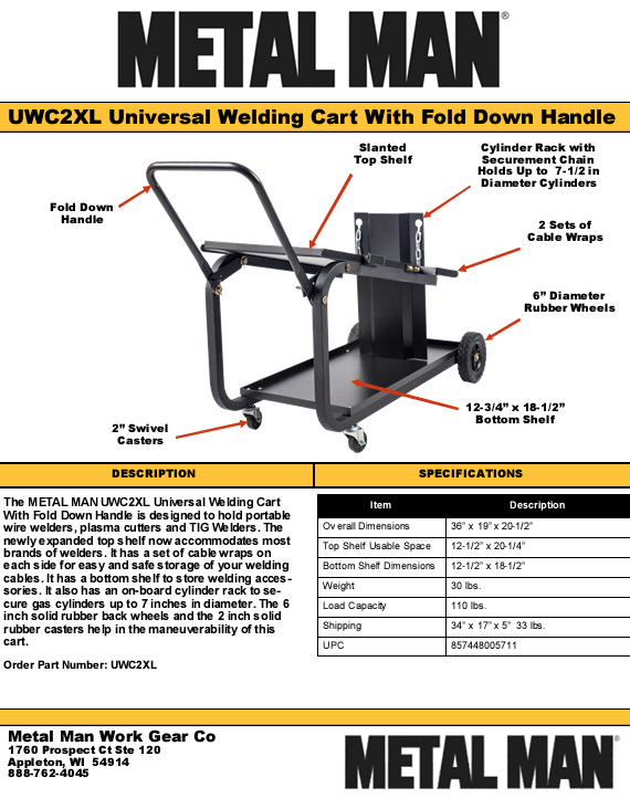 Welding Cart - Metal Man Universal Mig Cart Welding Supplies - UWC2XL - welding electrodes, Grinding Disc, Welding Lens, Cutting Tip, Cutting Wheels, Flap Disc, Heating Tip, Welding Gloves, MIG Gun - Welding Helmet, Welding Wire - USA Welding Supply