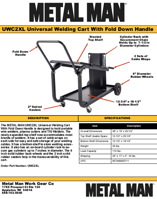 Welding Cart - Metal Man Universal Mig Cart Welding Supplies - UWC2XL - welding electrodes, Grinding Disc, Welding Lens, Cutting Tip, Cutting Wheels, Flap Disc, Heating Tip, Welding Gloves, MIG Gun - Welding Helmet, Welding Wire - USA Welding Supply