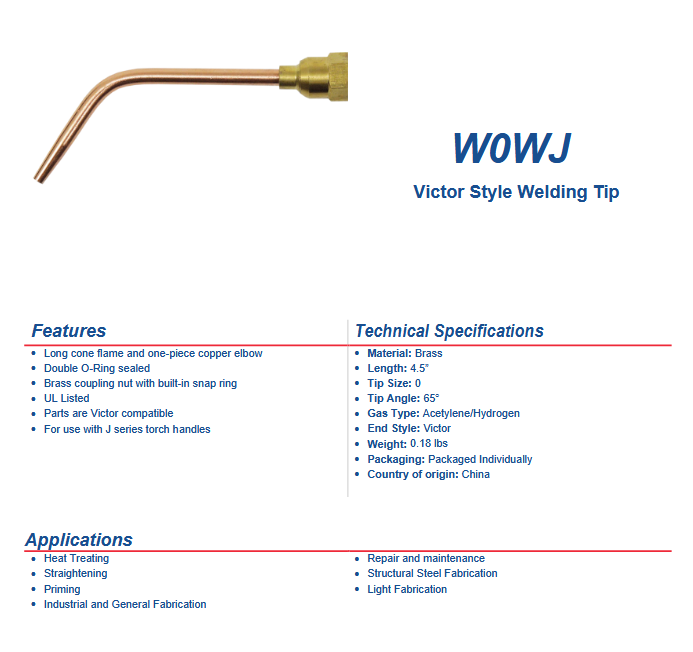 Welding Tip WJ Victor style acetylene hydrogen torch tip with brass construction and copper threading, UL listed and Victor compatible.