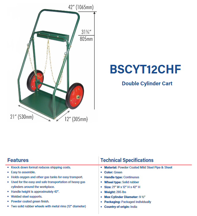 Welding Cart - Double-Bottle / Cylinder Cart - 12CHF - welding electrodes, Grinding Disc, Welding Lens, Cutting Tip, Cutting Wheels, Flap Disc, Heating Tip, Welding Gloves, MIG Gun - Welding Helmet, Welding Wire - USA Welding Supply