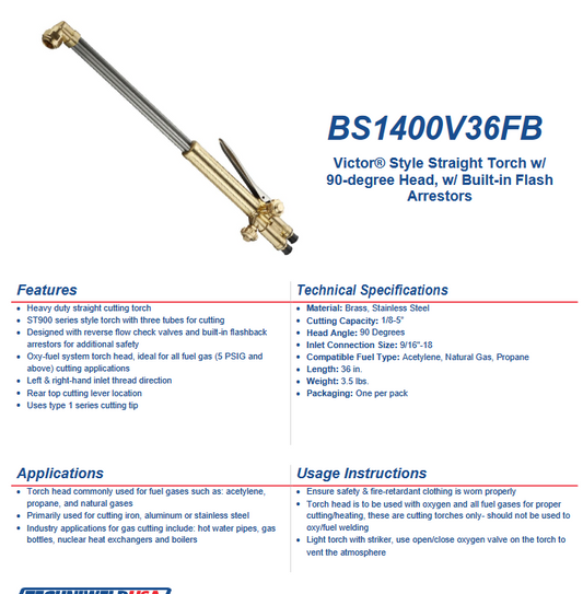 Welding Cutting Torch - 36 Victor® Style Straight Torch w/ 90-degree Head, w/ Built-in Flash Arrestors (ST900 style torch with three tubes) - welding electrodes, Grinding Disc, Welding Lens, Cutting Tip, Cutting Wheels, Flap Disc, Heating Tip, Welding Gloves, MIG Gun - Welding Helmet, Welding Wire - USA Welding Supply