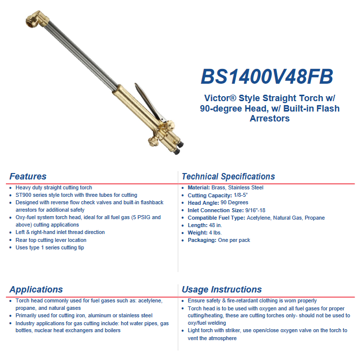Welding Cutting Torch - 48 Victor® Style Straight Torch w/ 90-degree Head, w/ Built-in Flash Arrestors (ST900 style torch with three tubes) - welding electrodes, Grinding Disc, Welding Lens, Cutting Tip, Cutting Wheels, Flap Disc, Heating Tip, Welding Gloves, MIG Gun - Welding Helmet, Welding Wire - USA Welding Supply