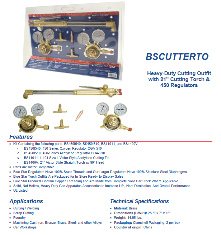 Welding Cutting Torch Assembly - Blue Star 450 Series Heavy-Duty Ensemble - BSCUTTERTO - welding electrodes, Grinding Disc, Welding Lens, Cutting Tip, Cutting Wheels, Flap Disc, Heating Tip, Welding Gloves, MIG Gun - Welding Helmet, Welding Wire - USA Welding Supply