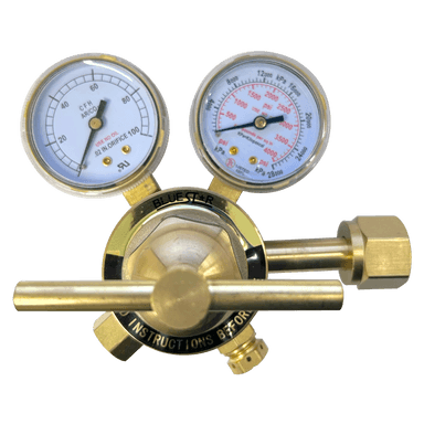 Welding flow gauge regulator with dual 2-inch gauges, brass body, designed for CO2 gas control, part no. BS250I320.