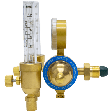 Welding flowmeter regulator with dual argon/CO2 flowmeters, brass body, preset 25 PSIG, model BS85AR580DF