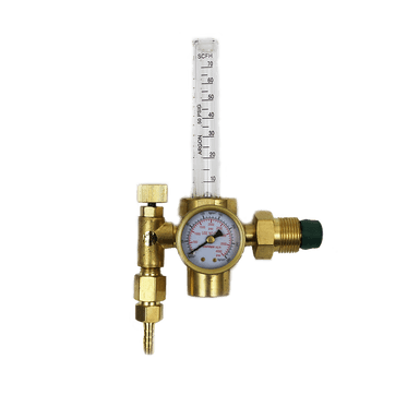 Welding flowmeter regulator with Teflon seat, piston design, built-in relief valve, and dual flowmeter for CO2 gas control