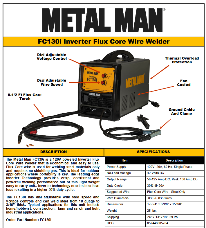 Metal Man FC130 inverter flux core wire welder machine with dial controls and no shielding gas required