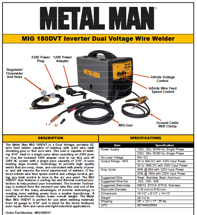 Welding Machine MIG180DVT Metal Man MIG Welder - 120V 230V - welding electrodes, Grinding Disc, Welding Lens, Cutting Tip, Cutting Wheels, Flap Disc, Heating Tip, Welding Gloves, MIG Gun - Welding Helmet, Welding Wire - USA Welding Supply