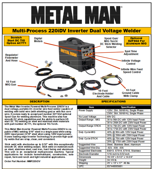 Welding Machine / TIG / MIG / STICK / Flux Core Wire Welder - METAL MAN 200A INVERTER DV MP WELDER - MMP220iDV - welding electrodes, Grinding Disc, Welding Lens, Cutting Tip, Cutting Wheels, Flap Disc, Heating Tip, Welding Gloves, MIG Gun - Welding Helmet, Welding Wire - USA Welding Supply