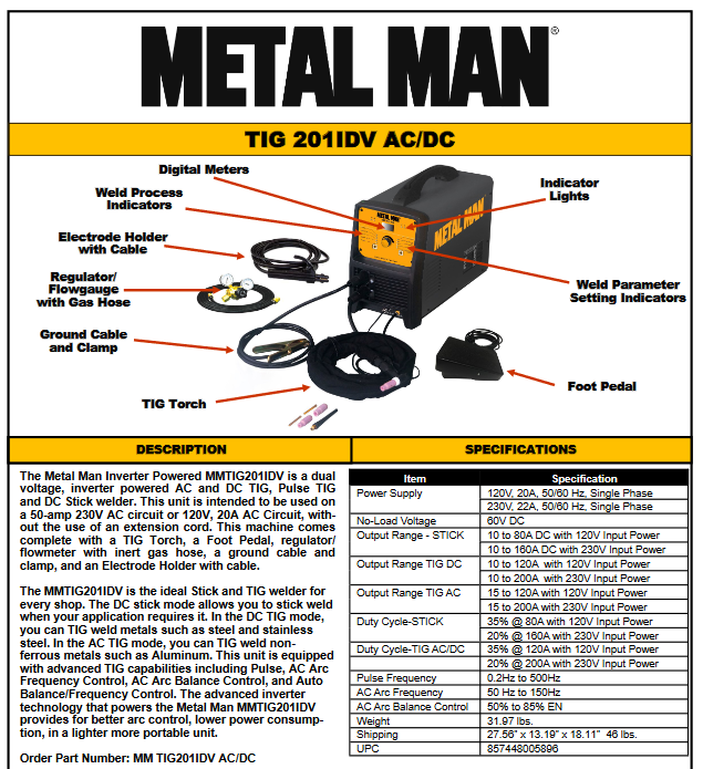 Welding Machine / TIG Welder - Metal Man 200A Inverter DV AC/DC - 201IDV - welding electrodes, Grinding Disc, Welding Lens, Cutting Tip, Cutting Wheels, Flap Disc, Heating Tip, Welding Gloves, MIG Gun - Welding Helmet, Welding Wire - USA Welding Supply