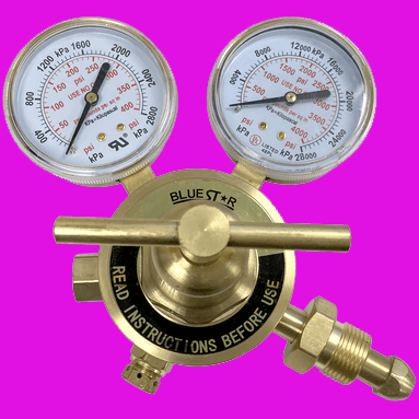 Blue Star 350 Series welding regulator with dual pressure gauges and forged brass body for inert gases, part no. CGA-580.