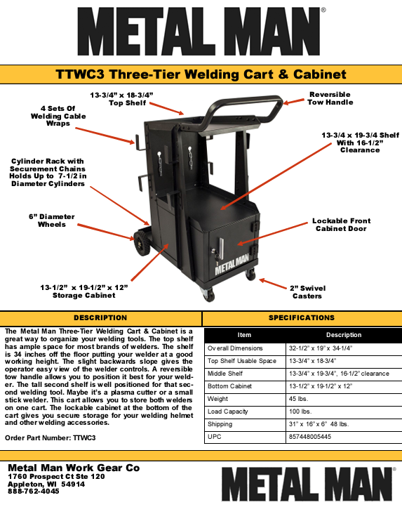Welding Cart - Metal Man Three-Tier Mig Cart and Cabinet for Welding Supplies - TTWC3 - welding electrodes, Grinding Disc, Welding Lens, Cutting Tip, Cutting Wheels, Flap Disc, Heating Tip, Welding Gloves, MIG Gun - Welding Helmet, Welding Wire - USA Welding Supply