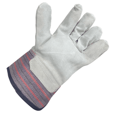 Lightweight leather work glove with rubberized safety cuff and canvas backing for general labor tasks including gardening, driving, and welding.