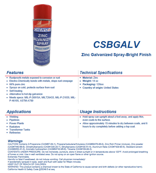 Zinc Galvanized Spray can with bright finish label, designed for rustproofing and galvanizing metal surfaces.