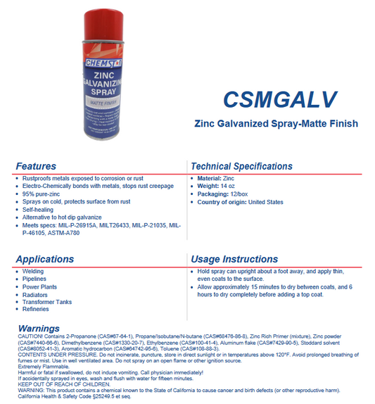 Zinc Matte Galvanized Spray (16 oz.) - Chem Star Bright Finish - CSMGALV - welding electrodes, Grinding Disc, Welding Lens, Cutting Tip, Cutting Wheels, Flap Disc, Heating Tip, Welding Gloves, MIG Gun - Welding Helmet, Welding Wire - USA Welding Supply