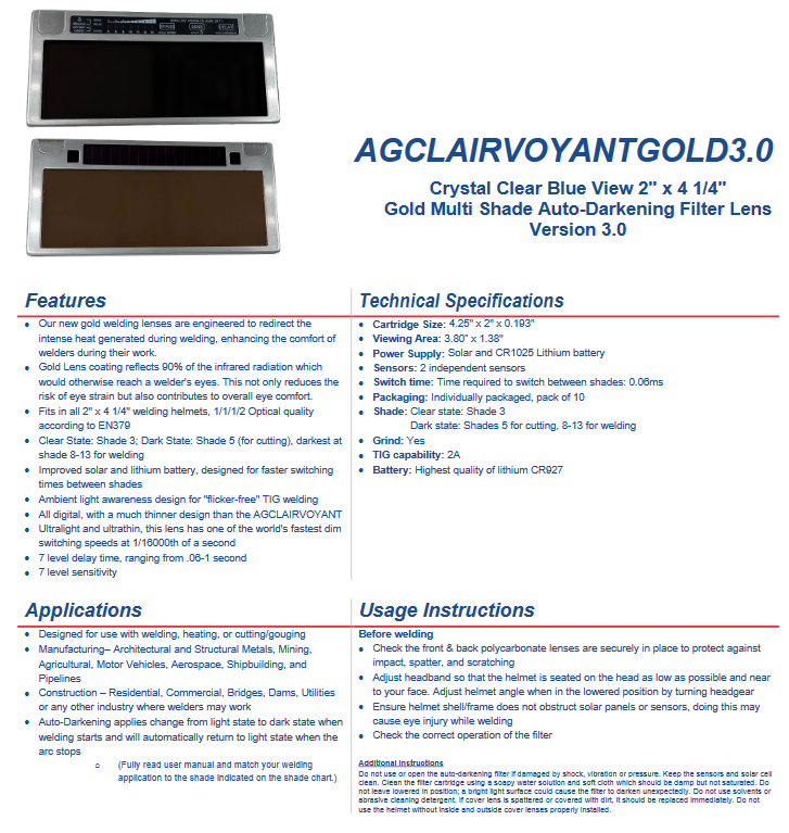 Welding helmet auto-darkening lens with gold multi-shade filter, crystal clear blue view, ultra-fast dimming, stainless steel case, 2" x 4 1/4" size, solar and lithium battery powered.