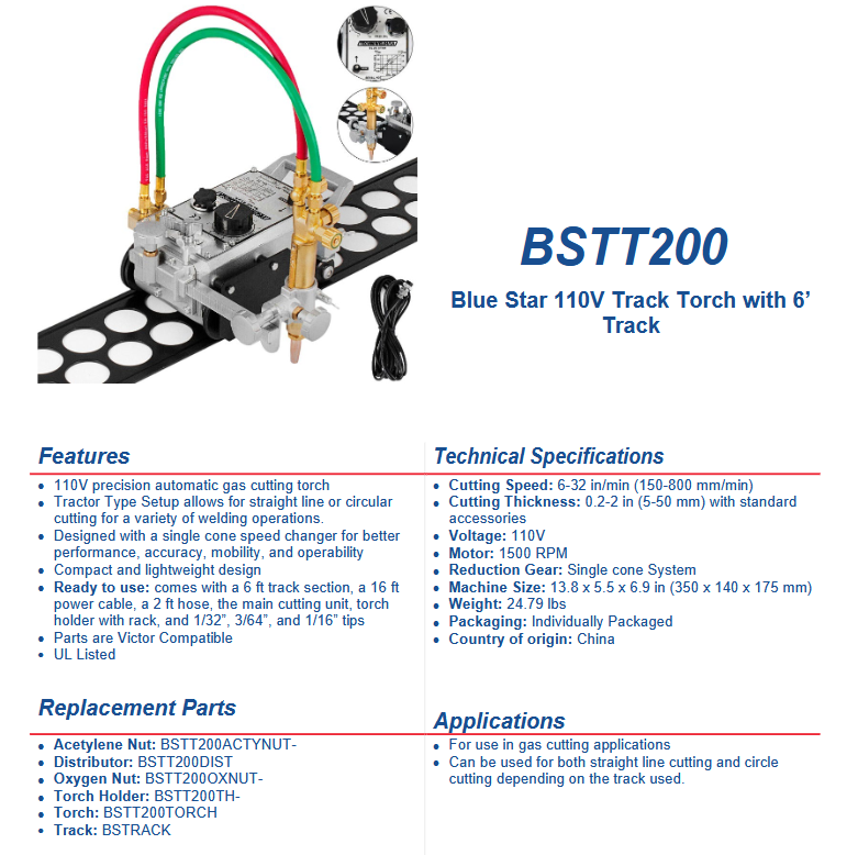 Blue Star 110V Track Torch with 2x 4-foot tracks for gas cutting and welding, compact design
