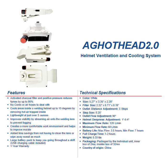 Welding Helmet Cooling System! - Ventilation and Cooling - Rechargeable! Stay COOL this Summer with the AGHOTHEAD 2.0 - welding electrodes, Grinding Disc, Welding Lens, Cutting Tip, Cutting Wheels, Flap Disc, Heating Tip, Welding Gloves, MIG Gun - Welding Helmet, Welding Wire - USA Welding Supply