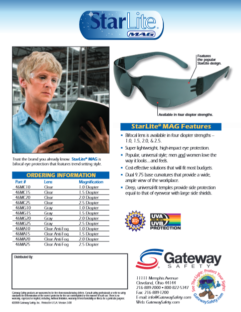 Safety Glasses +2.0 Magnification Safety Side Shield and Lenses - StarLite® MAG Clear/2.0 - 46MC20 - welding electrodes, Grinding Disc, Welding Lens, Cutting Tip, Cutting Wheels, Flap Disc, Heating Tip, Welding Gloves, MIG Gun - Welding Helmet, Welding Wire - USA Welding Supply
