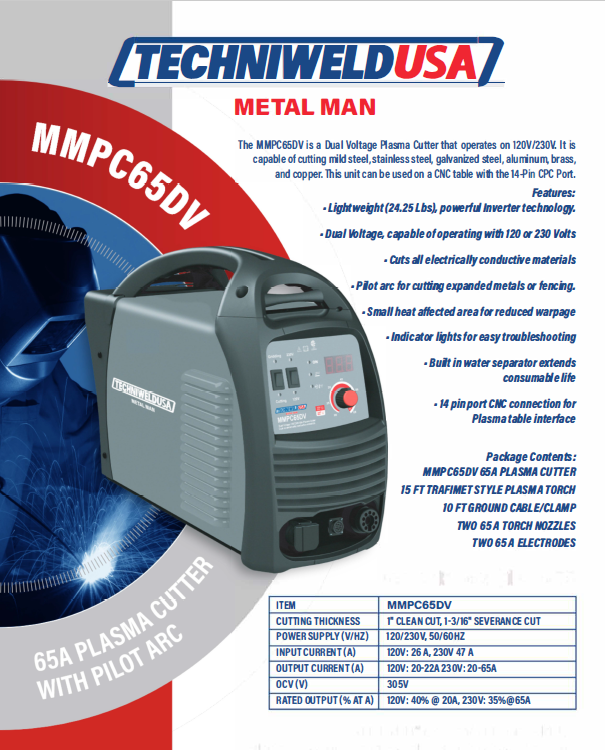Plasma Cutter - 120V and 230V - Metal Man MMPC65DV with Pilot Arc - Welding Machines - welding electrodes, Grinding Disc, Welding Lens, Cutting Tip, Cutting Wheels, Flap Disc, Heating Tip, Welding Gloves, MIG Gun - Welding Helmet, Welding Wire - USA Welding Supply