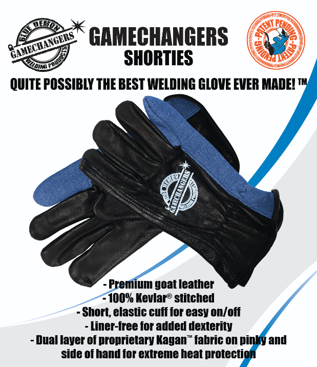 Black and blue welding gloves with text highlighting features on a white background