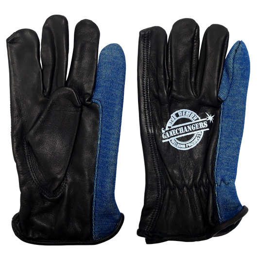 Black leather welding gloves with blue accents and 'Game hangers' logo on a white background