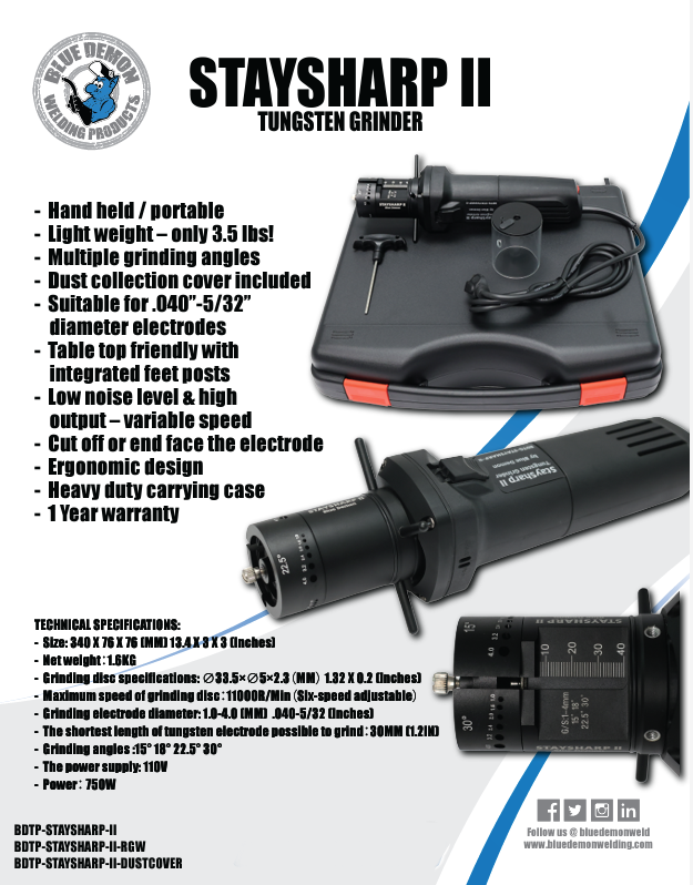BLUE DEMON STAY-SHARP II Tungsten Grinder with 750W motor and precision grinding angles in carrying case